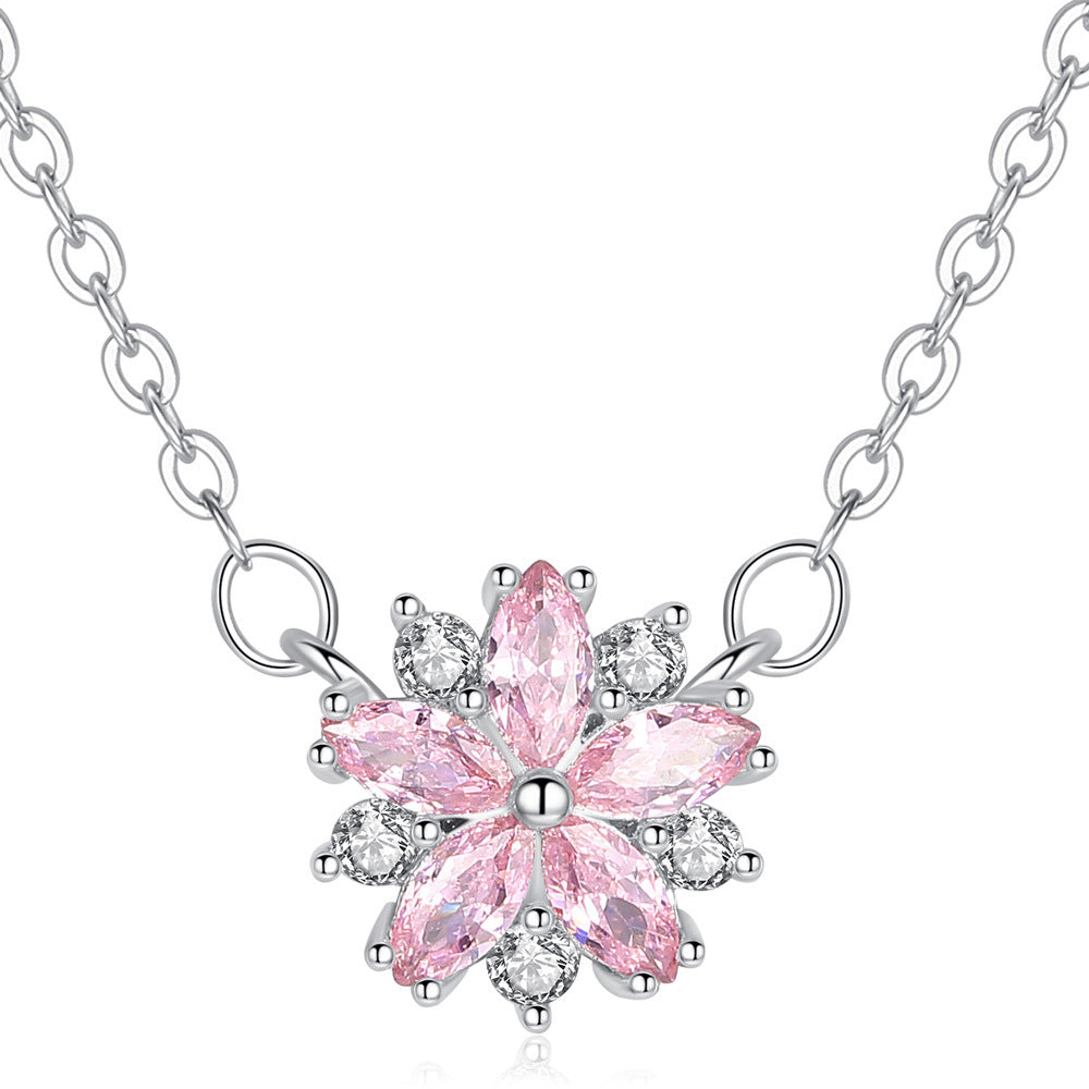 Sterling Silver Pink Zircon Flower Pendant with Link Chain