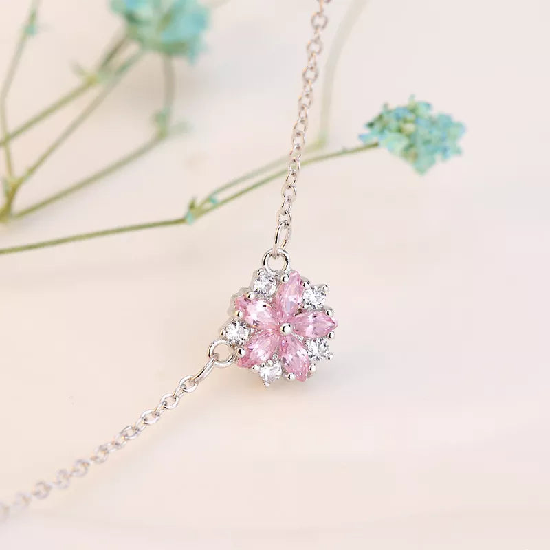 Sterling Silver Pink Zircon Flower Pendant with Link Chain